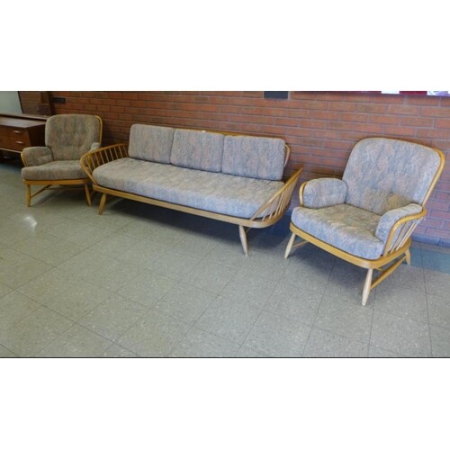 Ercol Elm and Beech Model 355 Studio Couch with Two Matching...