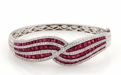 Estate 7.20ct Diamonds & Rubies 18k White Gold Fancy Design Bangle Bracelet