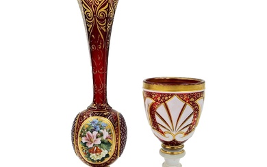 FLORAL RADIANCE – HAND-PAINTED BOHEMIAN RUBY GLASS VASE AND...