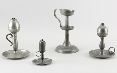 FOUR PEWTER CHAMBER STICK-STYLE WHALE OIL LAMPS Heights from 4.5" to 8.5".