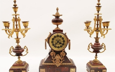 FRENCH 3 PC. MARBLE AND BRONZE CLOCK SET, 19TH C.