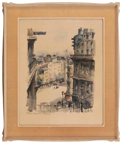 FRENCH SCHOOL, First Half of the 20th Century, "Paris, Montmartre (Rue Becquerel)"., Watercolor on paper, 20" x 16". Framed 26" x 21...