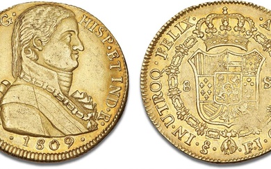 Fernando VII, 1808–1821, 8 Escudos 1809 FJ, Santiago, Admiral Bust, F 28,...