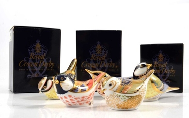 Five Royal Crown Derby bird paperweights, gold stoppers.