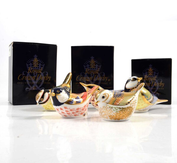 Five Royal Crown Derby bird paperweights, gold stoppers.