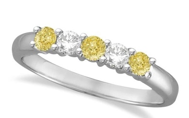 Five Stone White and Fancy Yellow Diamond Ring 14k Whit