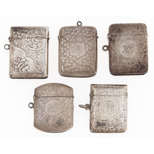 Five silver vesta cases, Victorian-George V, 48-51mm, 4ozs 3...