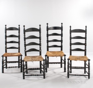 Four Black-painted Slat-back Chairs