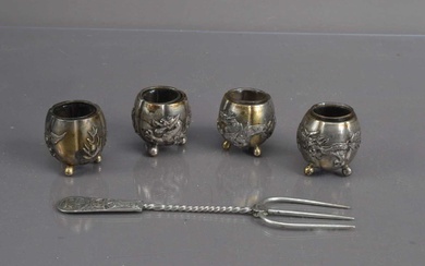 Four Chinese Silver Salts and a Chinese silver bread fork