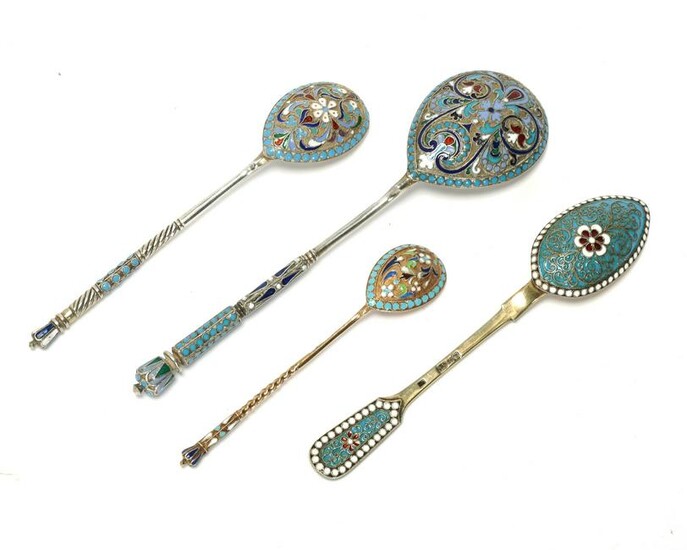 Four Russian silver and cloisonne enamel spoons