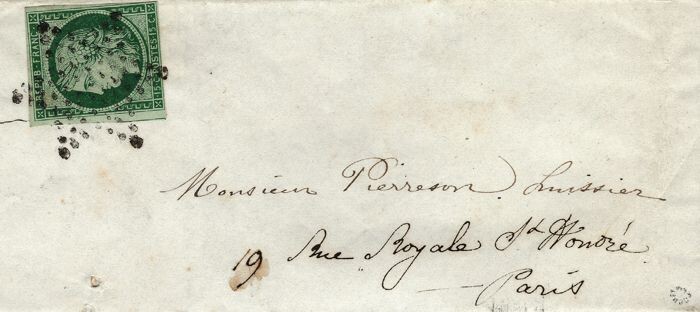France 1850 - Ceres, 15 centimes dark green with star postmark on letter. - Yvert 2b