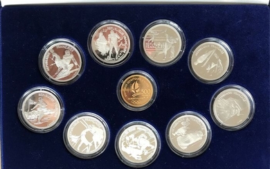 France. Coffret de 10 monnaies "Jeux Olympiques Albertville 1992" dont Pierre de Coubertin en or