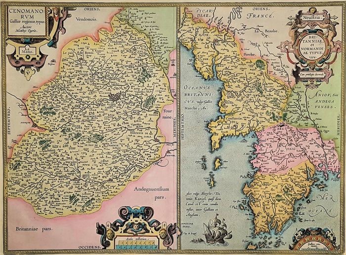 France, Maine, Bretagne; A Ortelius - Cenomanorum Galliae regionis typus. / Britanniae, et Normandiae Typus, 1594. - ca. 1600