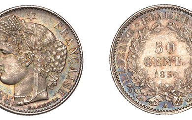France, Second Republic (1848-1852), 50 Centimes, 1850a, Paris (Gad. 411; KM 769.1)....