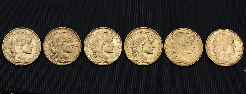 France, Third Republic, gold 20-Francs, 'Cockerel' types, 1905; 1907; 1908; 1909; 1910; 1913 (K...