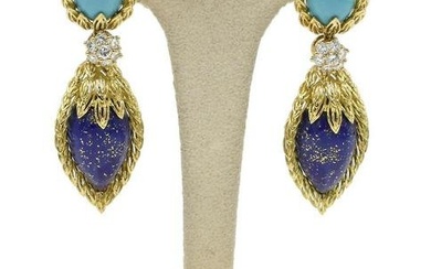 French 18K YG Turquoise Diamond & Enamel Drop Earrings