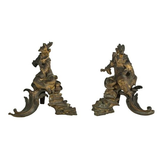 French Dore Gilded Bronze Chinese Andirons PAIR