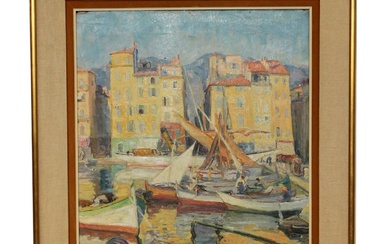 French Modern School oil on canvas harbor scene