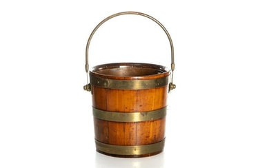 GEORGE III BRASS BANDED FITTED WOOD PEAT BUCKET