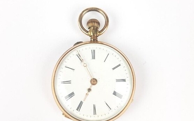 GOLD ALLOY POCKET WATCH 585 ‰, metal inner cover, white enamel dial, Roman numerals, baton (accident) markers, PB 21.4 g