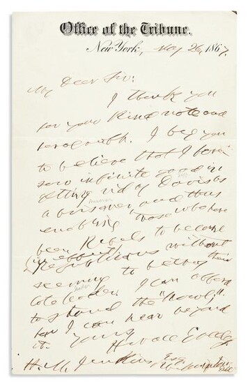 GREELEY, HORACE. Autograph Letter Signed, to H.M.