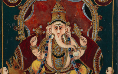Ganesh riding on his bandicoot, beneath an ornate parasol South...