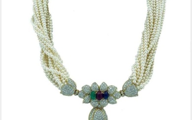 Gemstone & Diamond Cultured Pearl Necklace