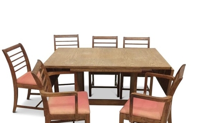 Gilbert Rohde Oak Dining Table and Six Chairs.