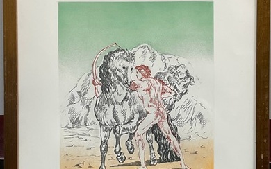 Giorgio De Chirico "Arciere con cavallo" 1972 incisione a vernice molle e acquat