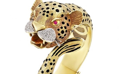 Gold, Black Enamel, Diamond and Ruby Leopard Bangle Bracelet