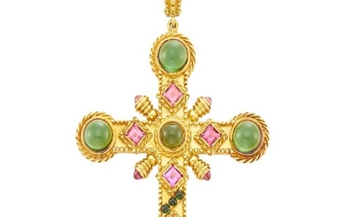 Gold, Cabochon Tourmaline and Pink Tourmaline Cross Pendant
