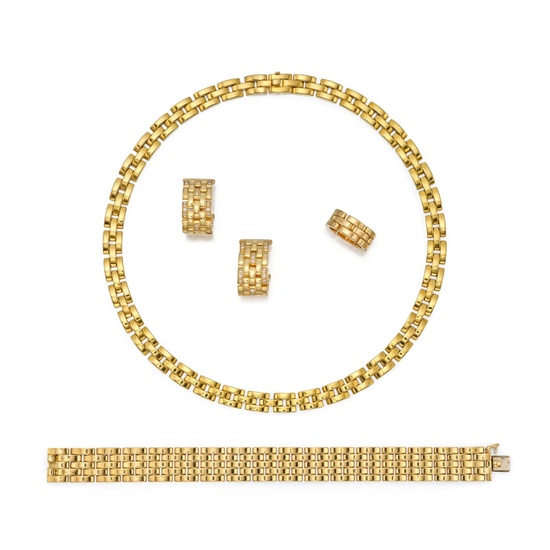 Gold 'Maillon Panthère' Suite of Jewels by Cartier, France and Pair of Gold and Diamond Earclips