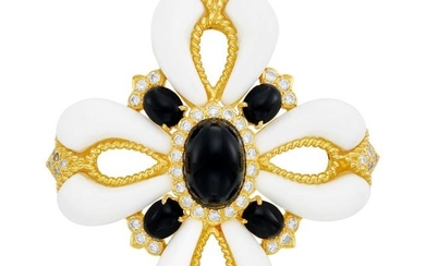 Gold, White and Black Onyx and Diamond Maltese Cross Pendant Clip-Brooch