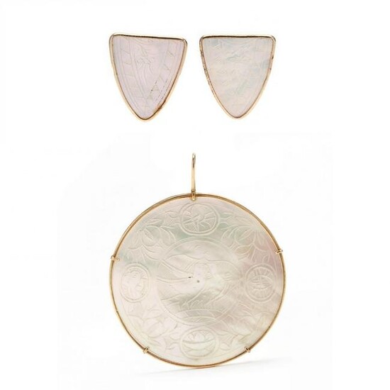 Gold and Mother-of-Pearl Pendant and Earrings
