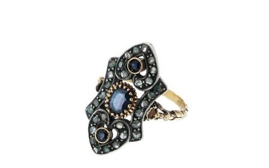 Gold and silver ring with diamonds and sapphires