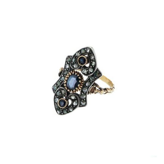 Gold and silver ring with diamonds and sapphires