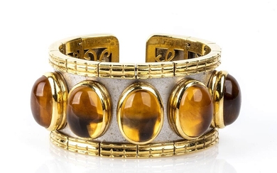Gold and stainless steel citrine quartz rigid band bracelet 18k...