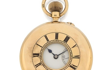 Goldsmiths and Silversmiths Company, London, with London hallmark for 1872 3/4 plate keyless wind lever movement, with cut and compensated bimetallic balance, round pillars, white enamel dial with black Roman numerals and outer five minute...