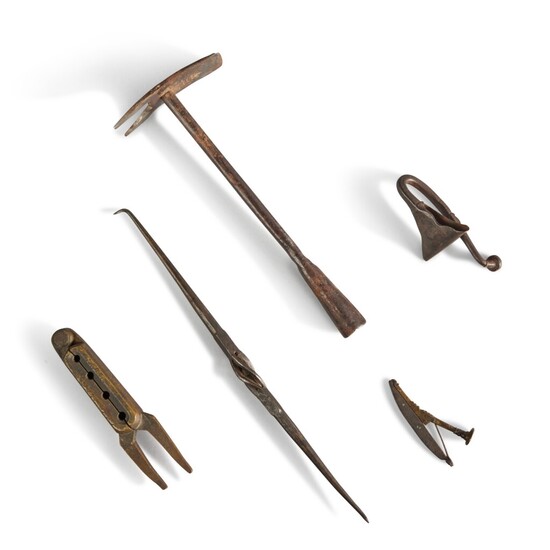Group of Wrought Iron and Cast Brass Utensils, America or England, Early 19th Century
