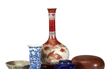 Group of four Asian ceramics and blue enamel censer...