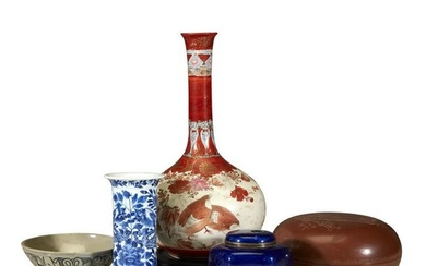 Group of four Asian ceramics and blue enamel censer
