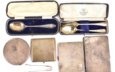 Hallmarked silver items comprising three cigarette cases, small sugar tongs,...