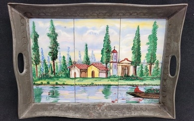 Hand Painted Primitive Landscape on porcelain tiles signed Mexico.in pewter tray. W 20" d 14.5".