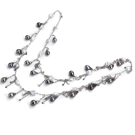 Hartmann's: A pearl and diamond necklace with cultured Tahiti and freshwater pearls, brilliant-cut diamonds and circular-cut sapphires, in 18k white gold.