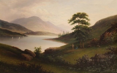 Henri-Joseph Harpignies (circle of) - Paesaggio con lago e montagne e barche a vela