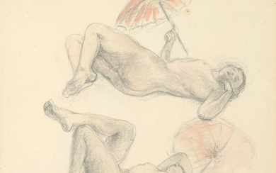 Henri LEBASQUE (1865-1937) – Femmes à l’ombrelle – Crayon, estompe et rehauts d…