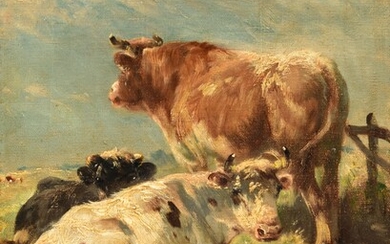 Henri Schouten (ca. 1857-1927), resting cows, oil on canvas, 24 x 32 cm