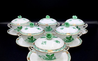 Herend - Set of Soup Cups with Rose Knob Lid and Saucers (18 pcs) - "Apponyi Green" - Soup bowl - Hand Painted Porcelain
