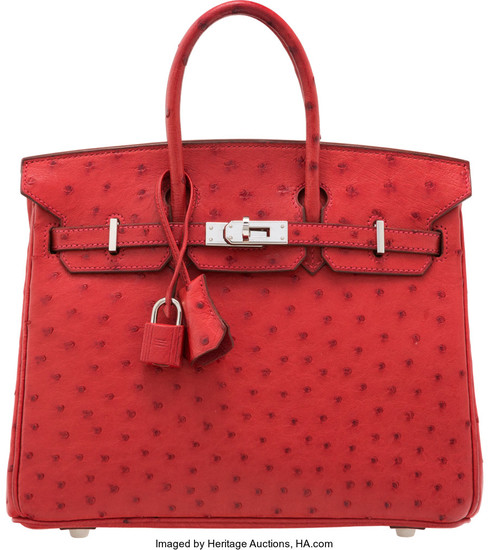 Hermès 25cm Rouge Vif Ostrich Birkin Bag with Palladium...