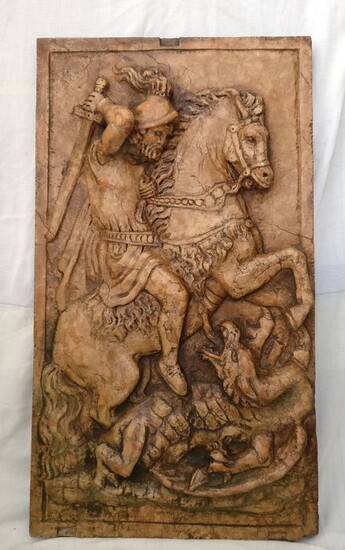 High relief - Great St. George and the Dragon - Altarpiece - 113 x 64 cm - Antique Red Marble - 20th century